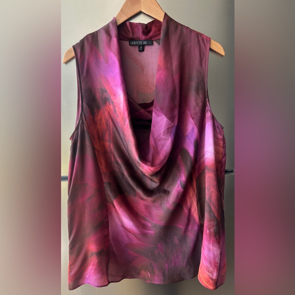 Lafayette 148 Silk Blouse Size 14 Cowl Neck Pink Abstract Luxury Top